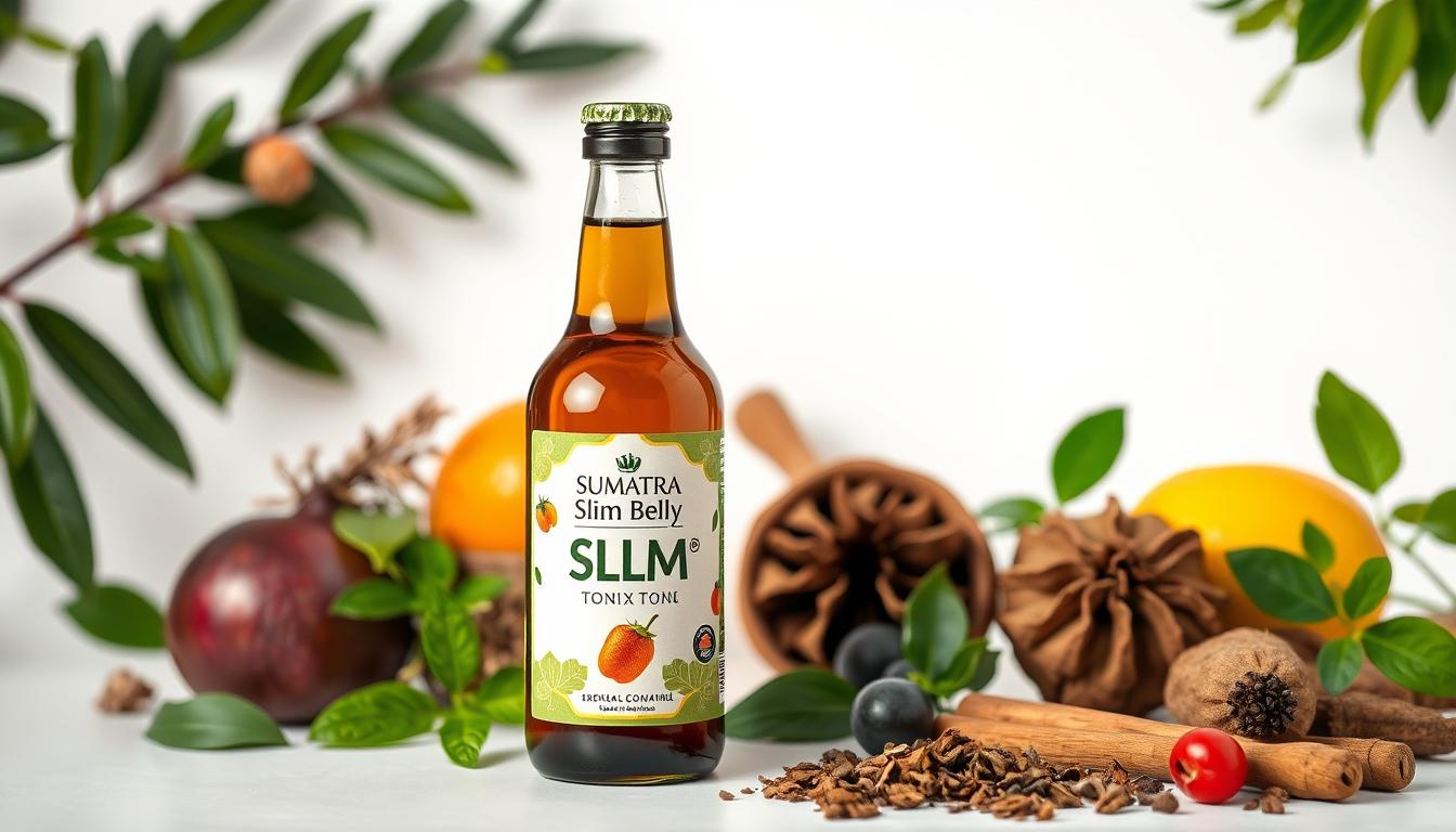 Bottle of Sumatra Slim Belly Tonic with natural ingredients in the background