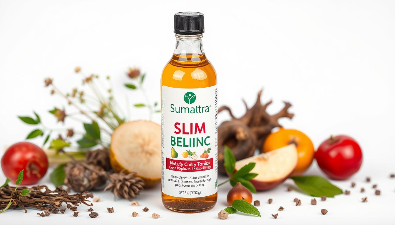 Bottle of Sumatra Slim Belly Tonic with natural ingredients in the background