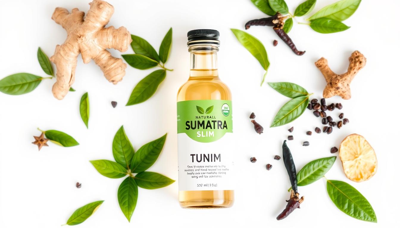 Bottle of Sumatra Slim Tonic with natural ingredients surrounding it