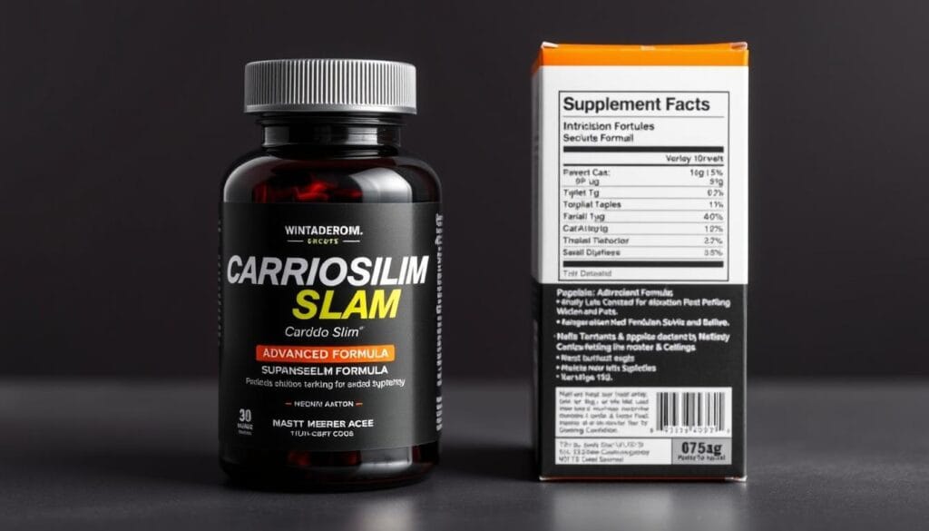 CardioSlim advanced formula product display showing bottle and packaging CardioSlim advanced formula product display showing bottle and packaging