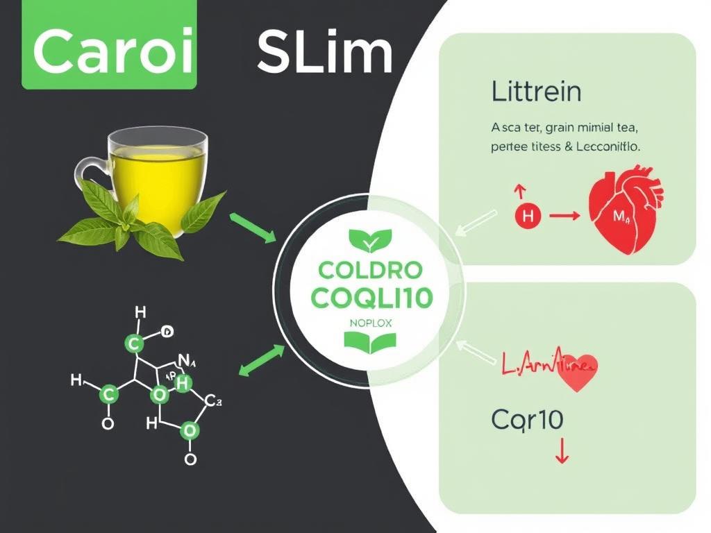 CardioSlim key ingredients illustration showing green tea extract, CoQ10, and L-carnitine with heart and metabolism symbols CardioSlim key ingredients illustration showing green tea extract, CoQ10, and L-carnitine with heart and metabolism symbols