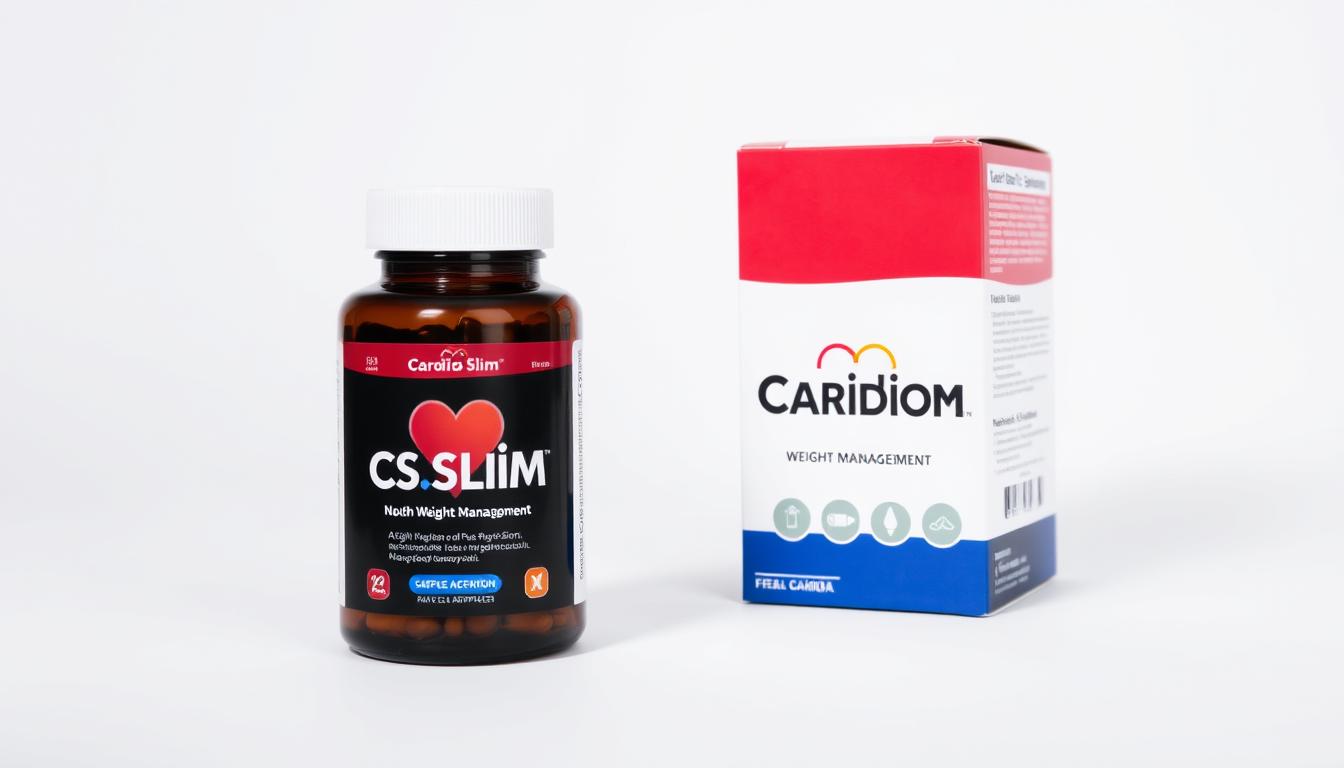 CardioSlim supplement bottle and packaging showing heart health and weight management benefits