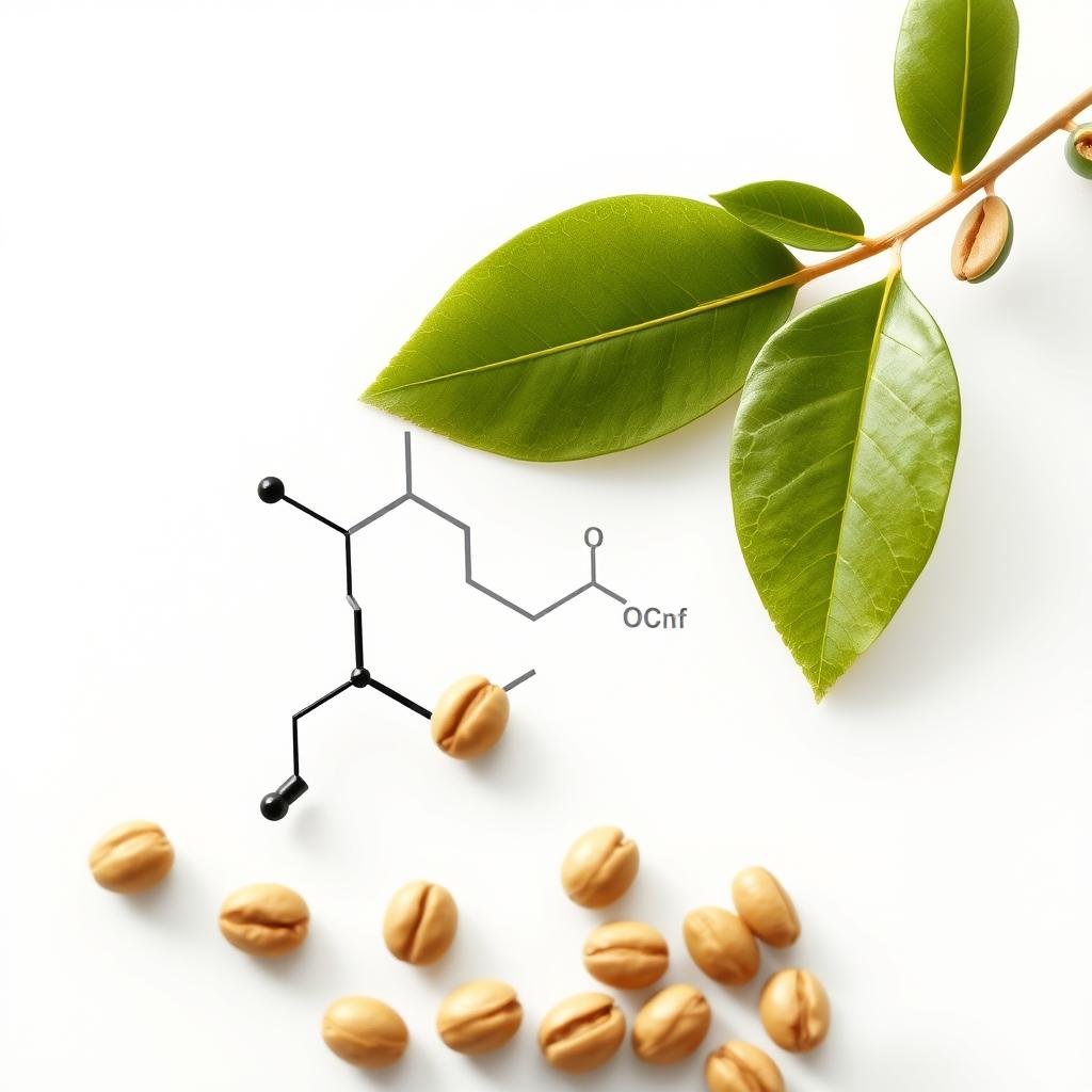 Chlorogenic acid molecular structure and green coffee beans Chlorogenic acid molecular structure and green coffee beans