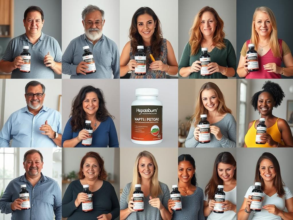 Collage of real Hepatoburn users sharing their testimonials