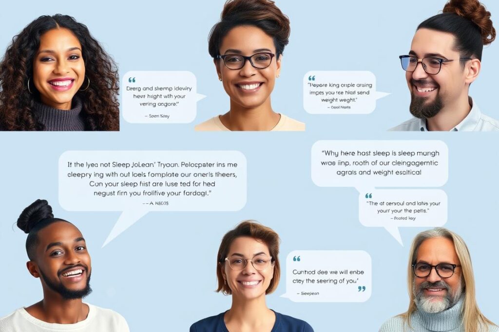 Collage of user testimonials and before/after results from Sleeplean users Collage of user testimonials and before/after results from Sleeplean users