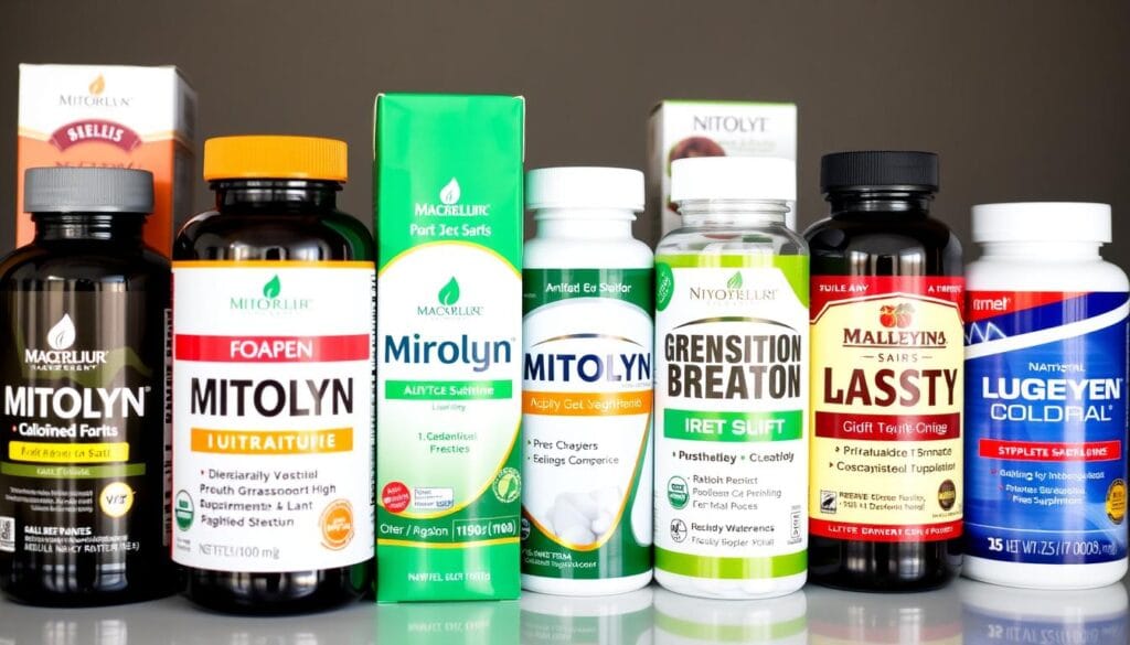Comparison of different weight loss supplement bottles including Mitolyn