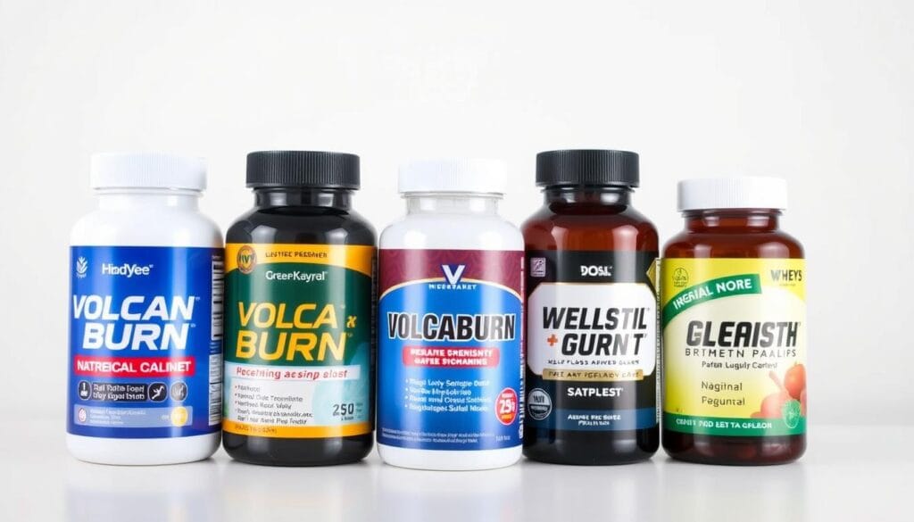 Comparison of different weight loss supplement bottles including VolcaBurn