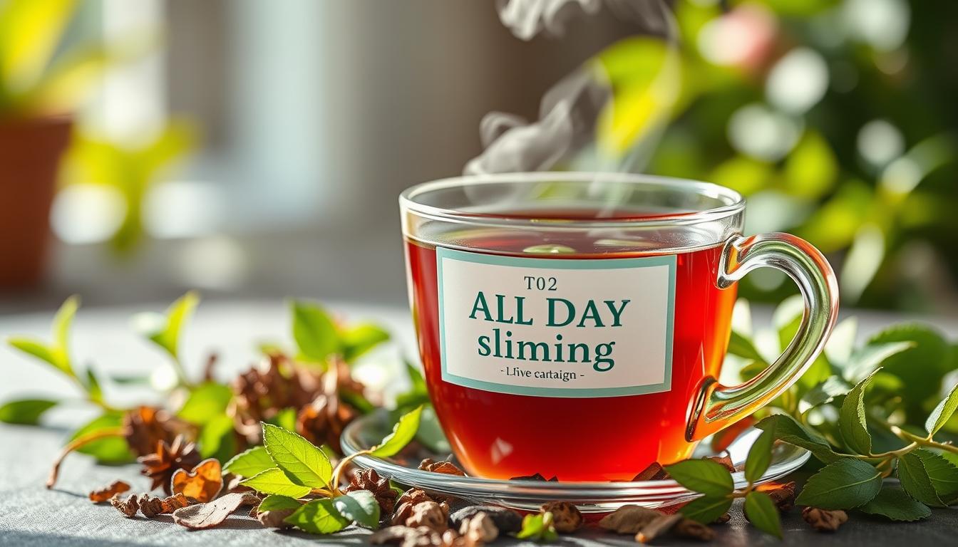 Cup of All Day Slimming Tea with fresh herbs and leaves surrounding it