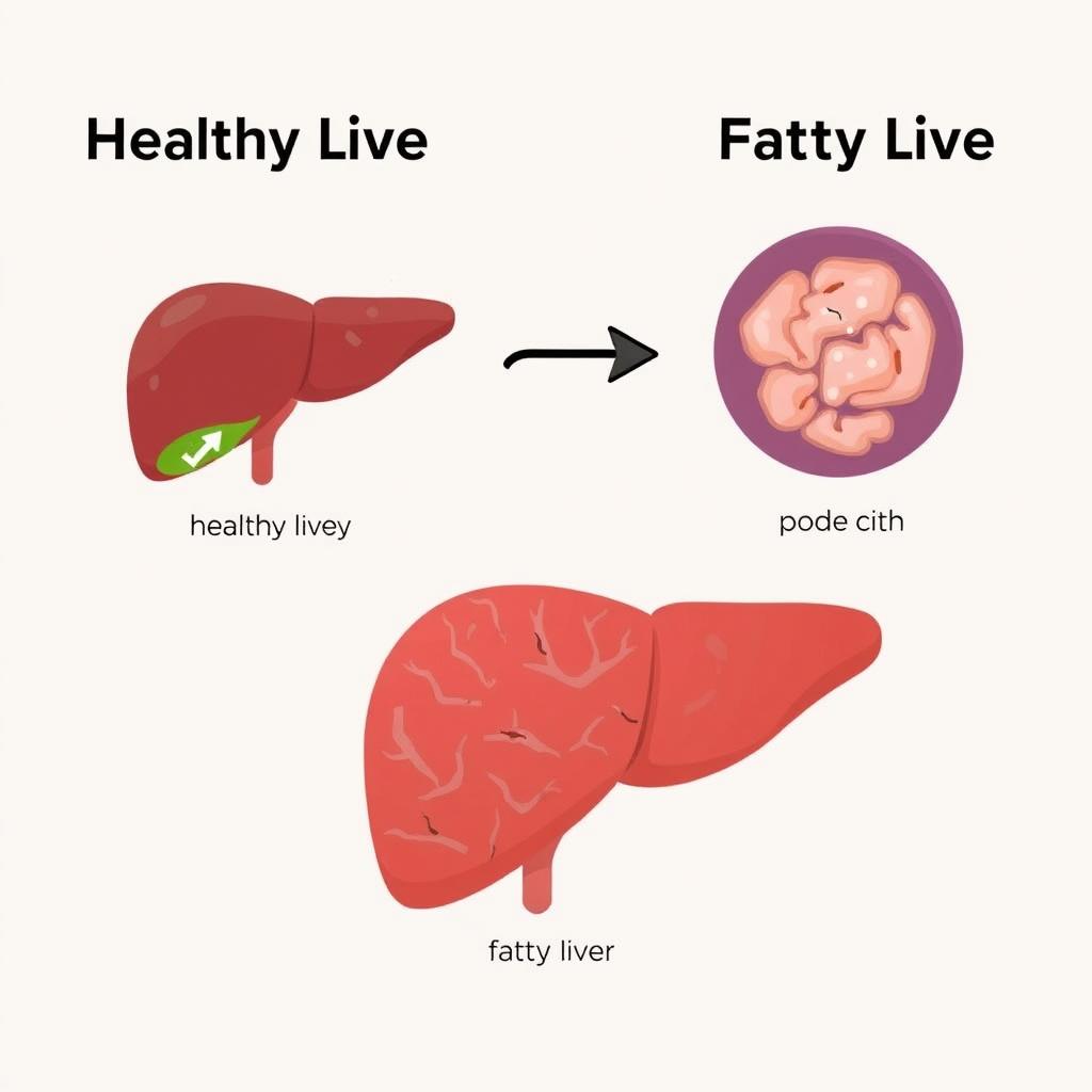 Diagram showing how a healthy liver processes fat compared to a fatty liver Diagram showing how a healthy liver processes fat compared to a fatty liver
