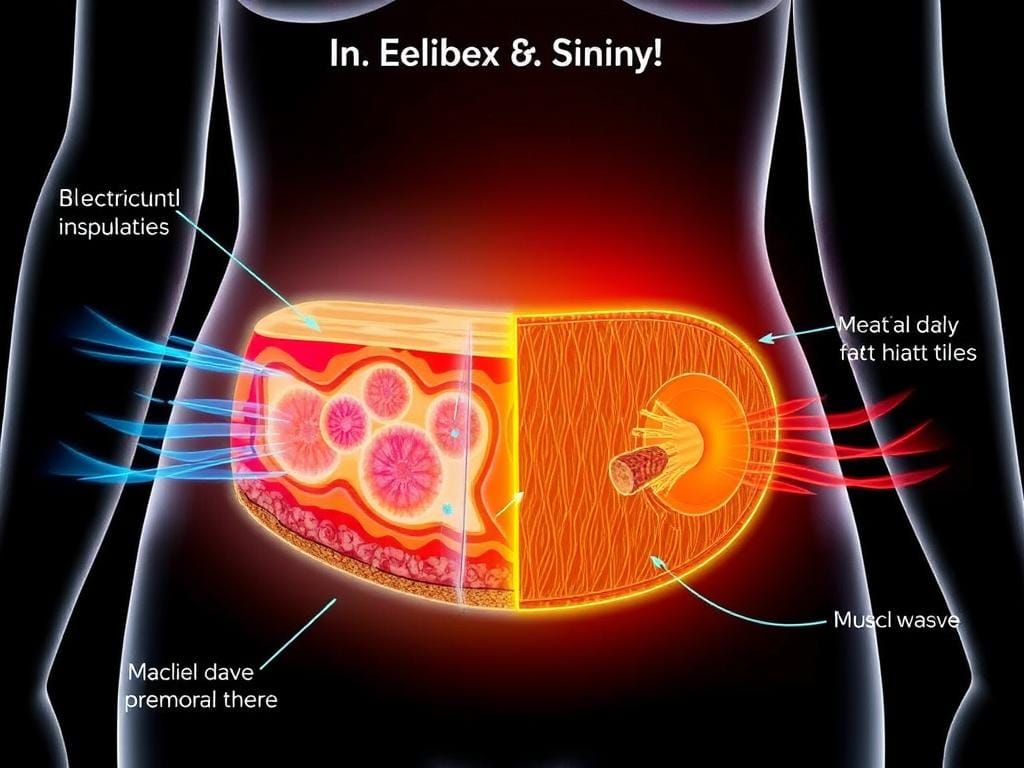 ElecSlim technology diagram showing how the device targets belly fat cells ElecSlim technology diagram showing how the device targets belly fat cells