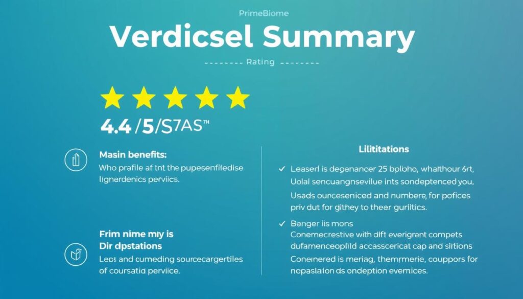 Final verdict summary of PrimeBiome showing benefits, limitations, and overall recommendation Final verdict summary of PrimeBiome showing benefits, limitations, and overall recommendation