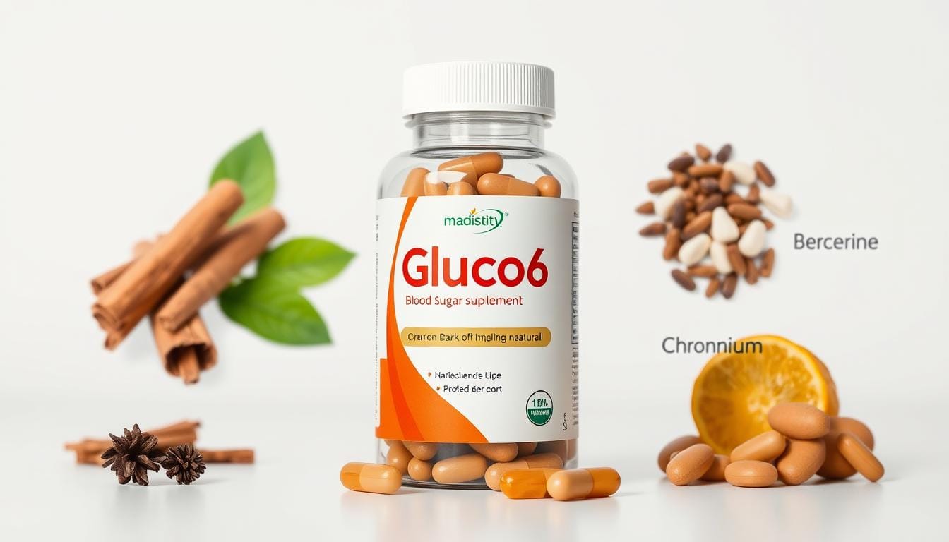 Gluco6 blood sugar supplement bottle and capsules with ingredients visualization