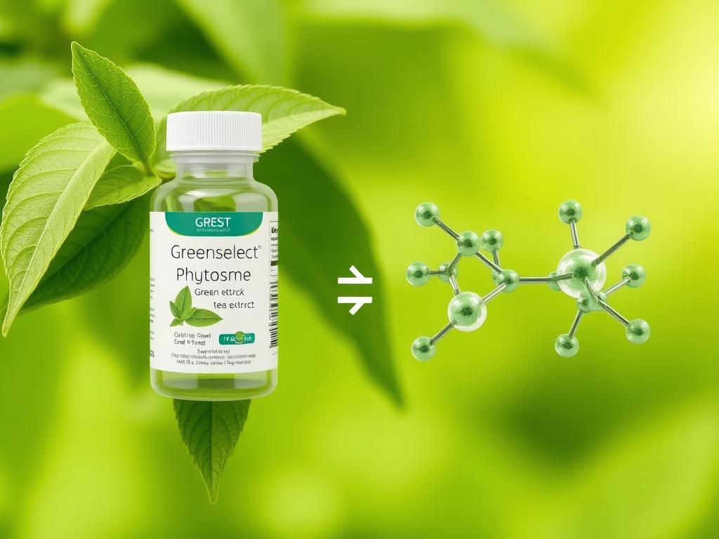Greenselect Phytosome green tea extract ingredient with molecular structure Greenselect Phytosome green tea extract ingredient with molecular structure