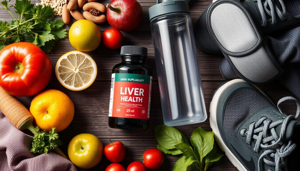 Healthy lifestyle elements that support liver health including supplements, fresh food, water, and exercise