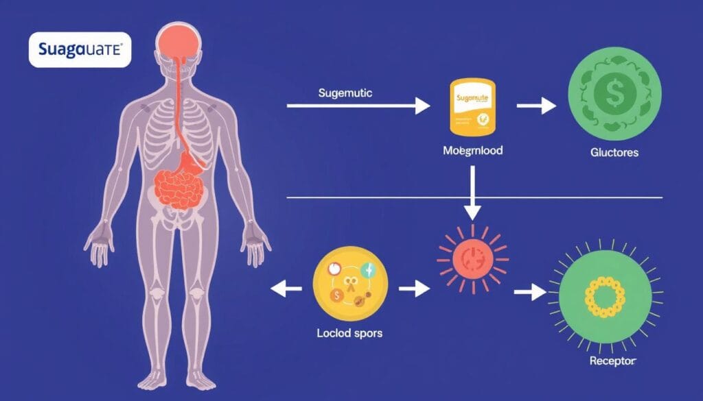 Illustration showing how Sugarmute works to balance blood sugar levels in the body