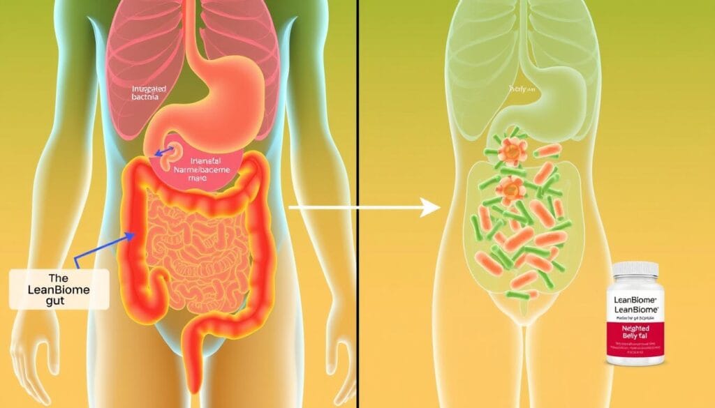 Illustration showing the connection between gut bacteria balance and belly fat reduction with LeanBiome probiotic
