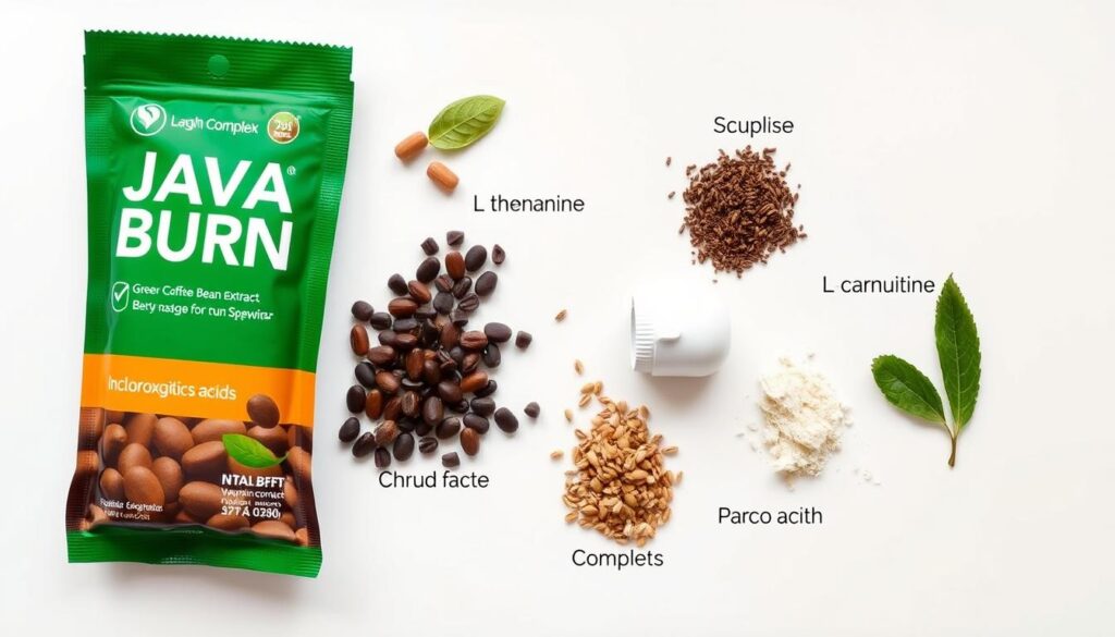 Java Burn ingredients laid out individually next to the product packet Java Burn ingredients laid out individually next to the product packet