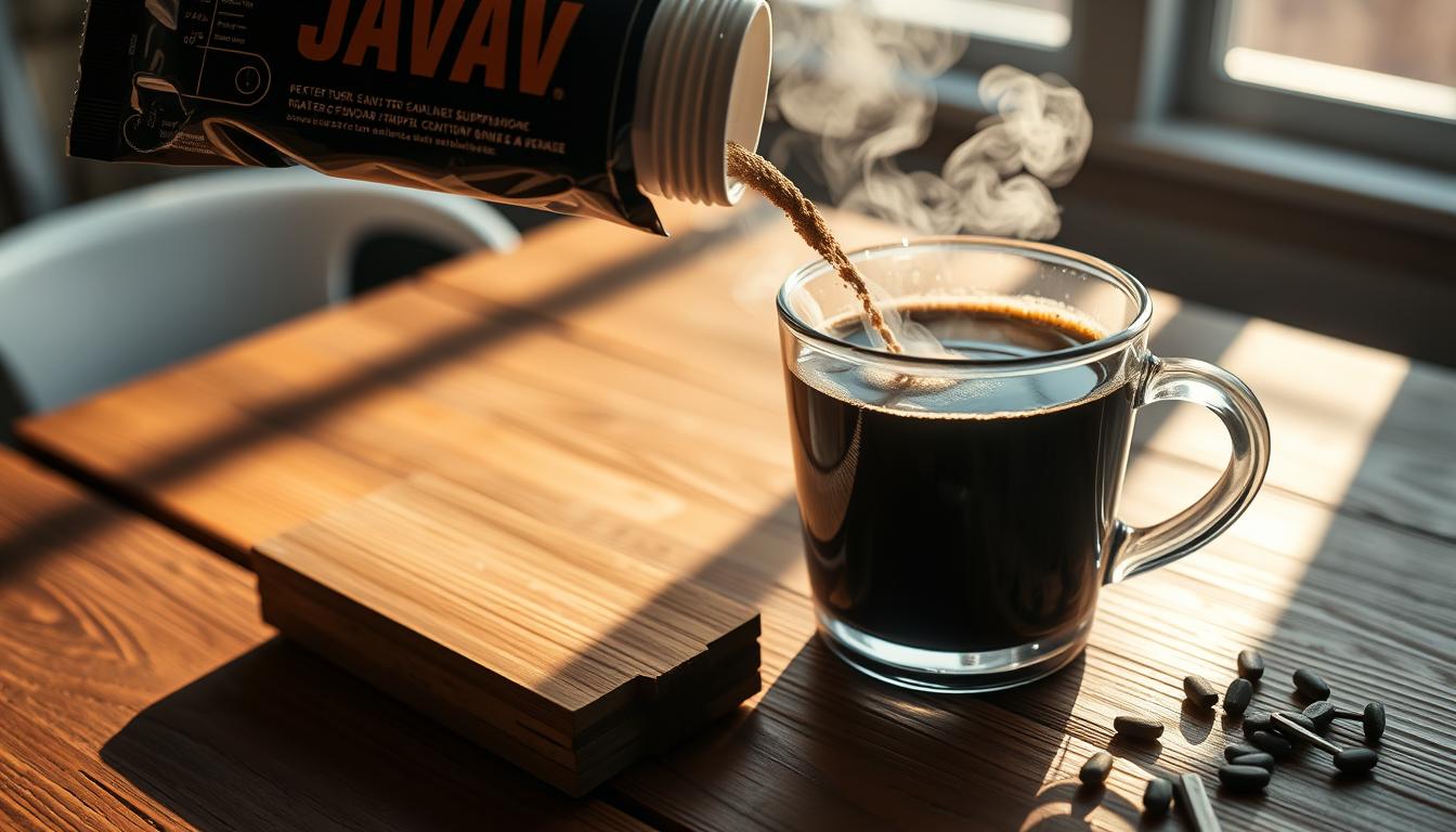 Java Burn powder packet being poured into a cup of coffee