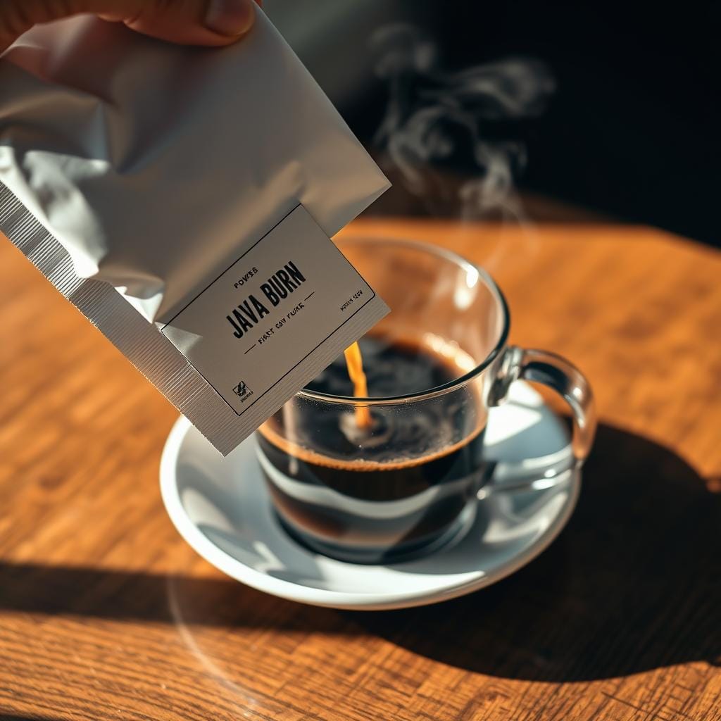 Java Burn powder packet being poured into a cup of coffee
