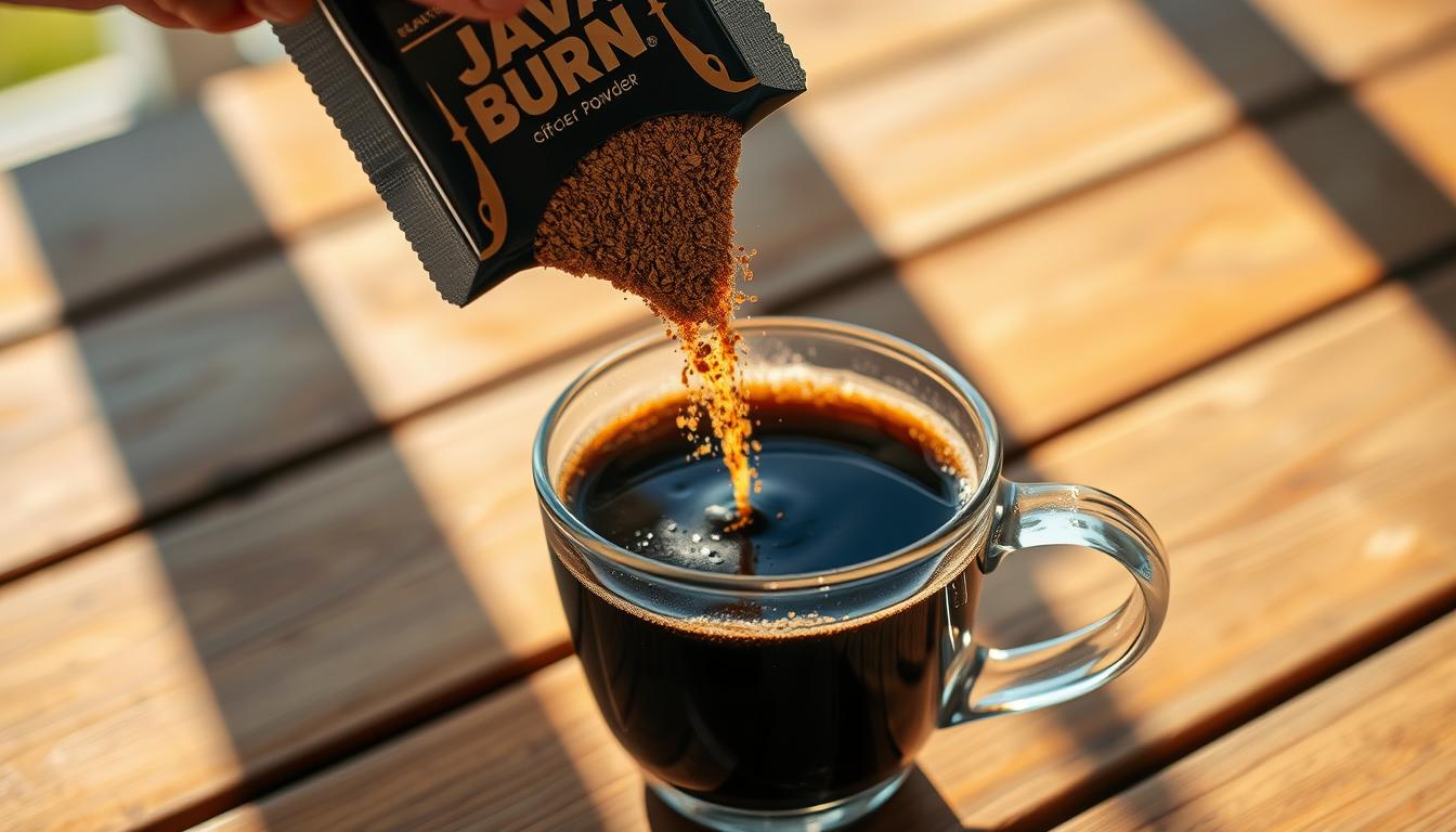 Java Burn powder packet being poured into a cup of coffee