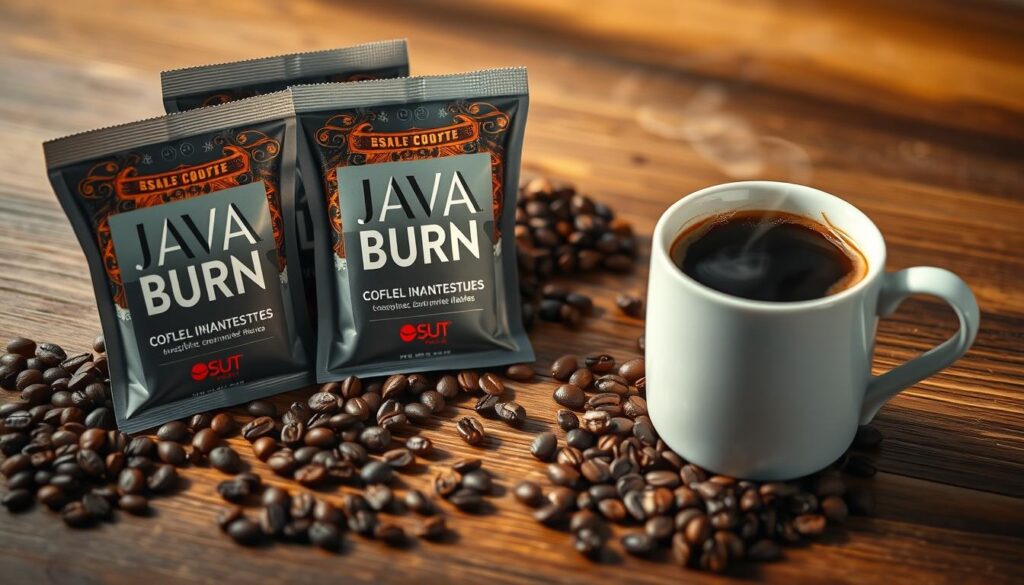 Java Burn product packets displayed with coffee beans and a cup of coffee Java Burn product packets displayed with coffee beans and a cup of coffee