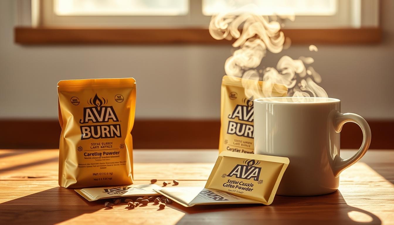 JavaBurn coffee powder packets next to a cup of coffee