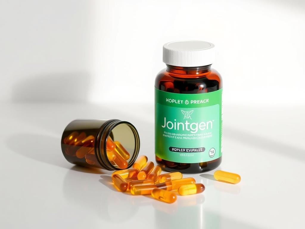 Jointgen supplement bottle and capsules on display Jointgen supplement bottle and capsules on display