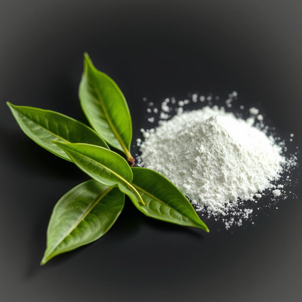L-Theanine powder and tea leaves L-Theanine powder and tea leaves