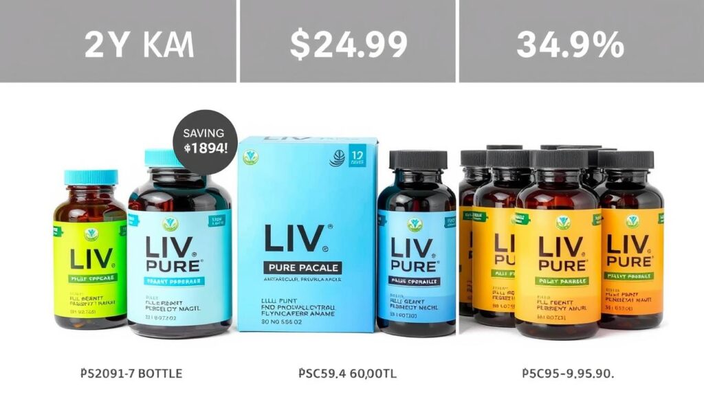 LIV PURE bottles showing different package options and savings LIV PURE bottles showing different package options and savings