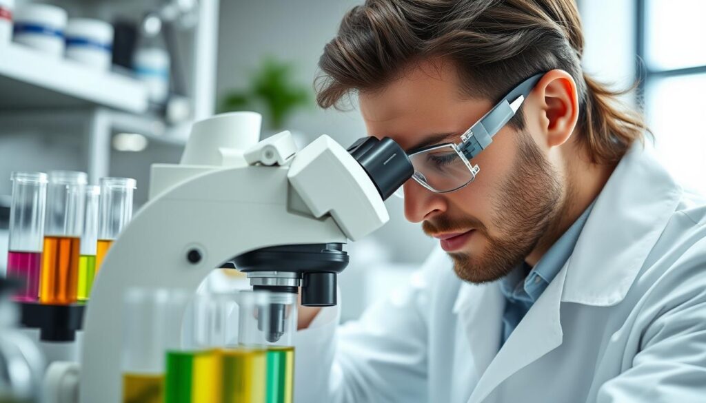Laboratory scientist analyzing Ikaria Juice formula ingredients under microscope, highlighting the scientific research behind the product Laboratory scientist analyzing Ikaria Juice formula ingredients under microscope, highlighting the scientific research behind the product