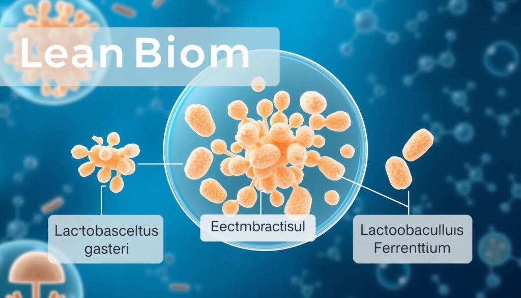 LeanBiome's key probiotic ingredients illustrated with scientific imagery LeanBiome's key probiotic ingredients illustrated with scientific imagery