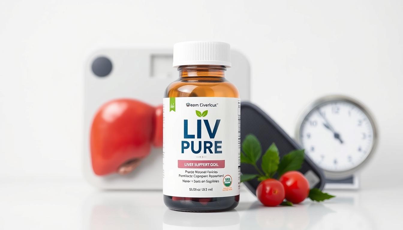 Liv Pure supplement bottle and packaging showing liver health and weight management benefits