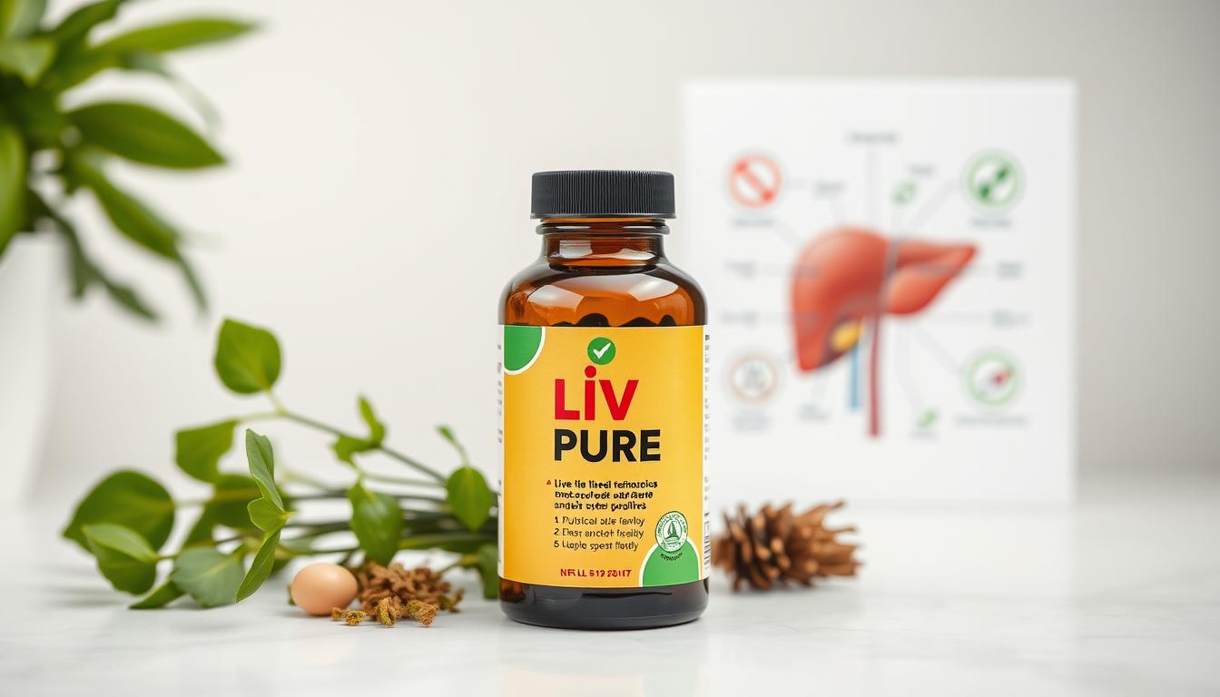 Liv Pure supplement bottle next to fresh herbs and liver illustration showing detoxification process
