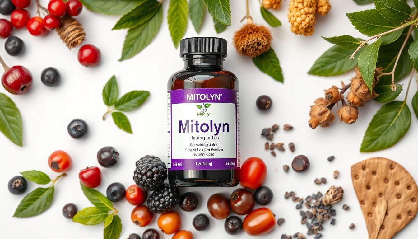 Mitolyn supplement bottle with ingredients displayed around it
