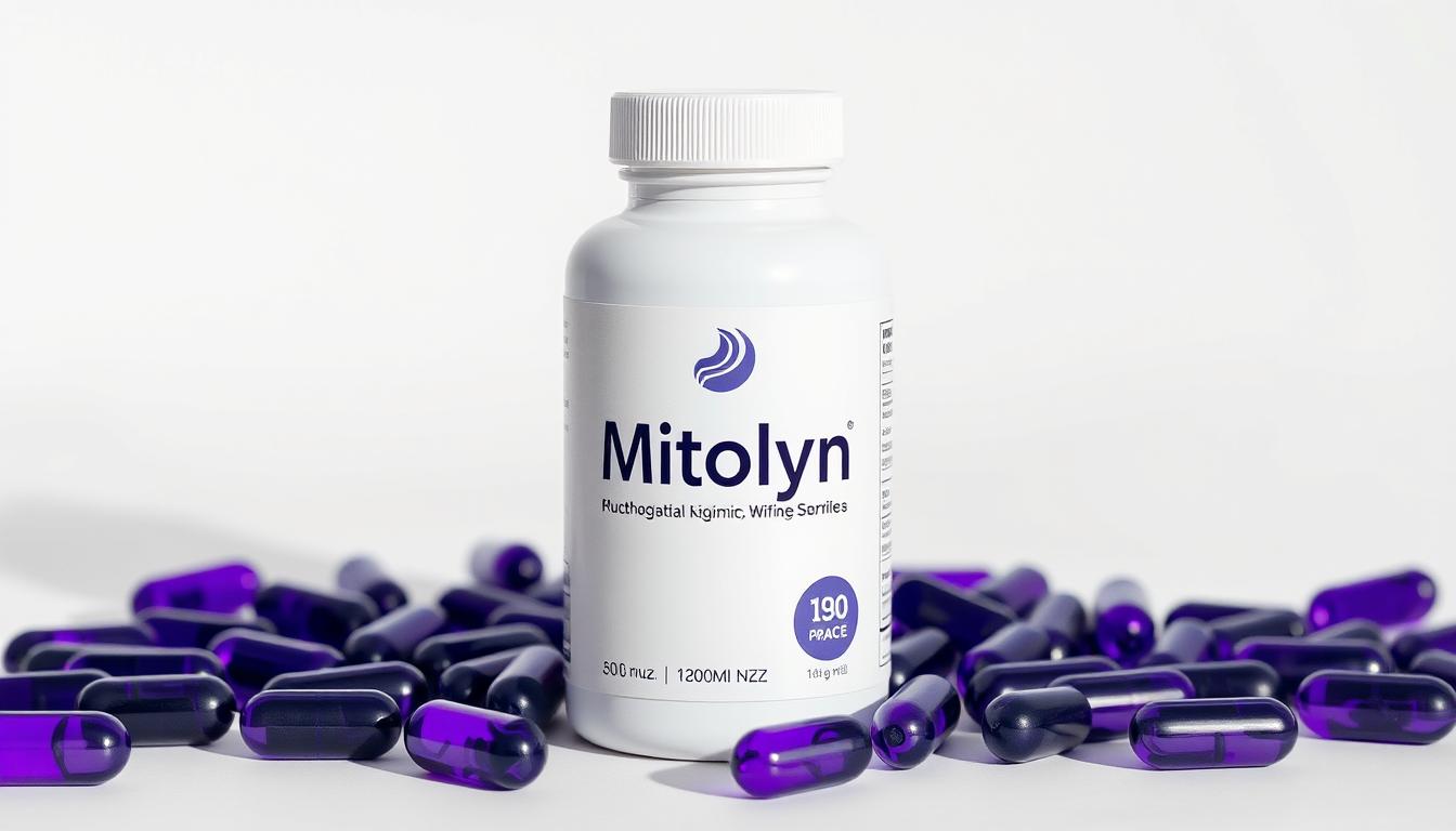 Mitolyn supplement bottle with purple capsules