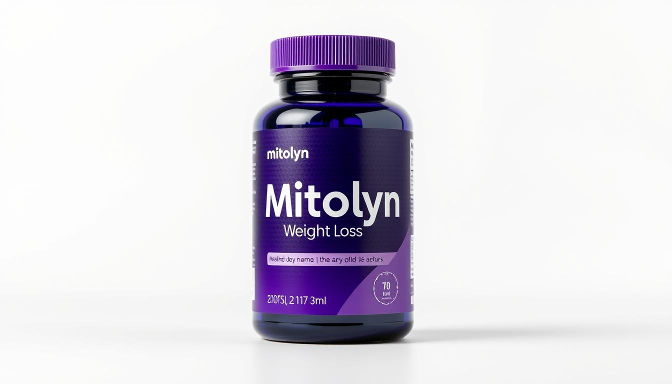 Mitolyn supplement bottle with weight loss results visualization