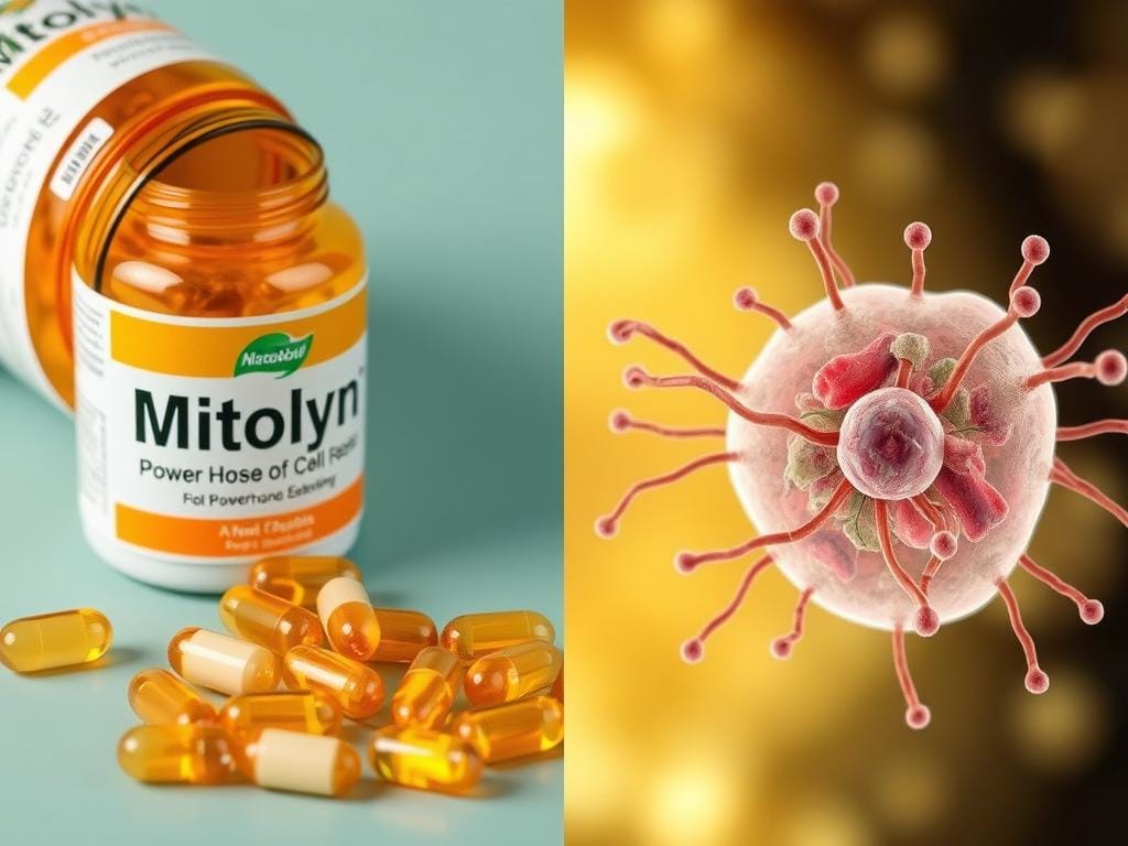 Mitolyn supplement capsules next to an illustration of mitochondria