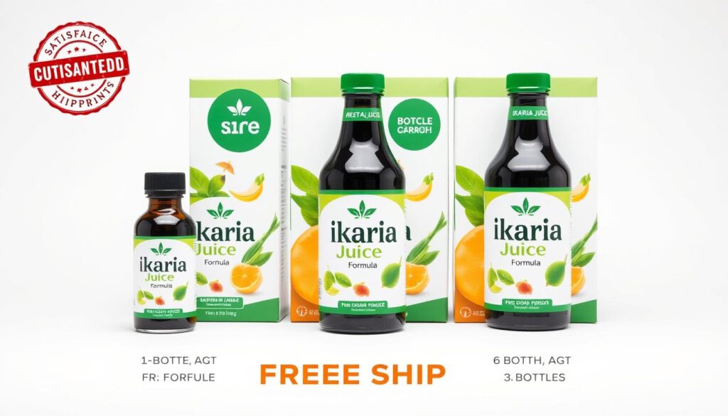 Multiple bottles of Ikaria Juice formula with satisfaction guarantee and free shipping offer Multiple bottles of Ikaria Juice formula with satisfaction guarantee and free shipping offer