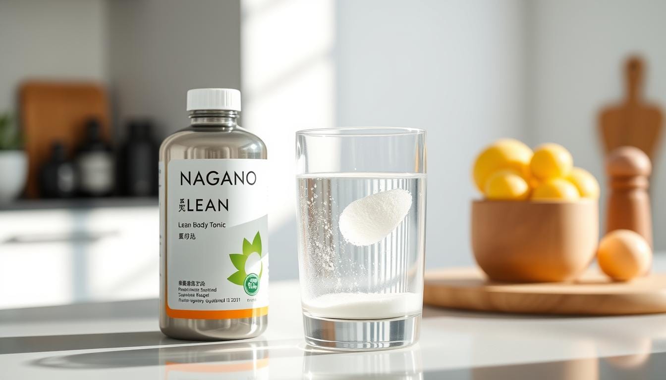 Nagano Lean Body Tonic bottle and powder being mixed into water