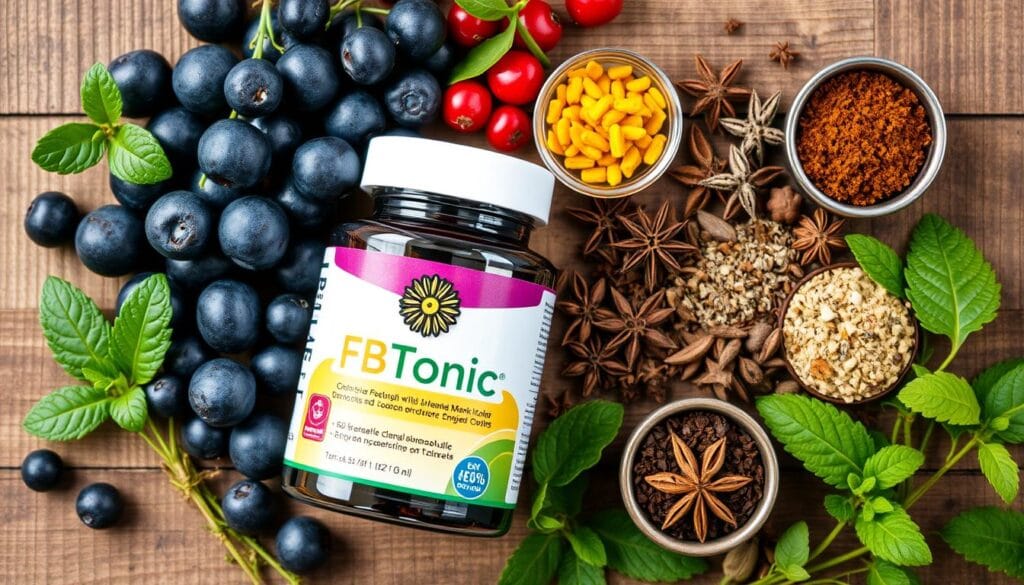 Natural ingredients found in FBTonic reviews show various berries, herbs and plant extracts