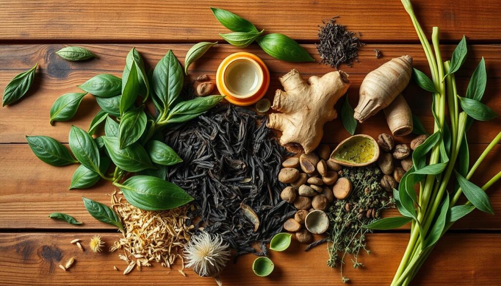 Natural ingredients used in All Day Slimming Tea laid out on a wooden surface Natural ingredients used in All Day Slimming Tea laid out on a wooden surface