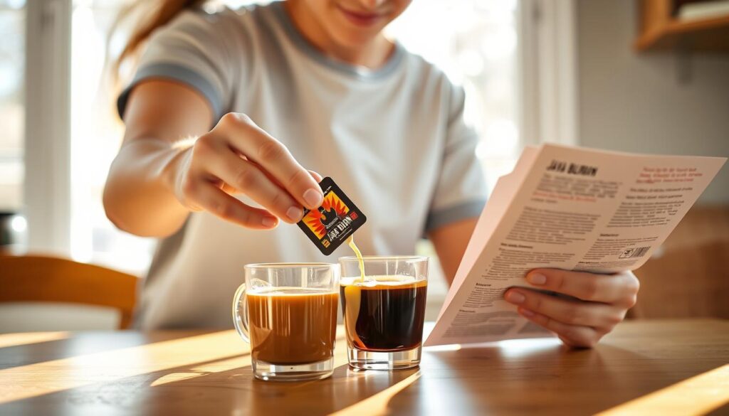 Person adding Java Burn to morning coffee while reading instructions Person adding Java Burn to morning coffee while reading instructions