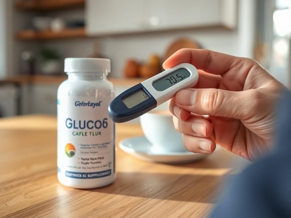 Person checking blood glucose levels with a glucose meter while Gluco6 supplement bottle sits nearby