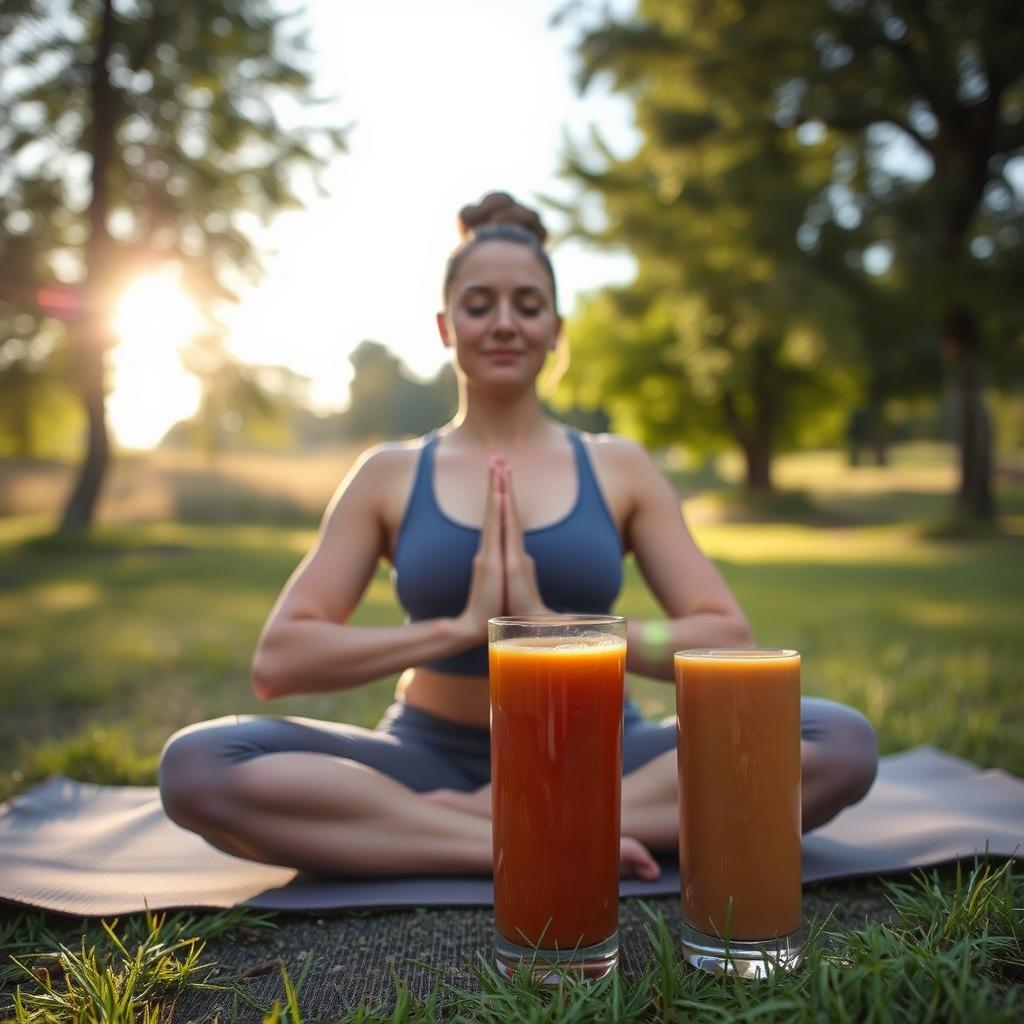 Person enjoying Ikaria Juice while doing yoga outdoors Person enjoying Ikaria Juice while doing yoga outdoors