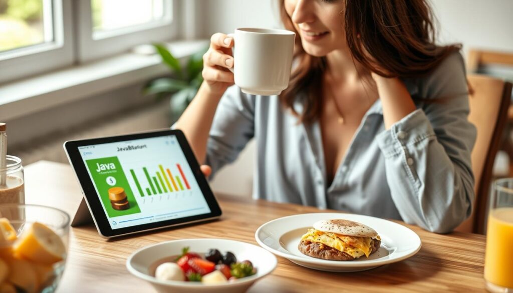 Person enjoying coffee with Java Burn while looking at weight loss progress chart Person enjoying coffee with Java Burn while looking at weight loss progress chart