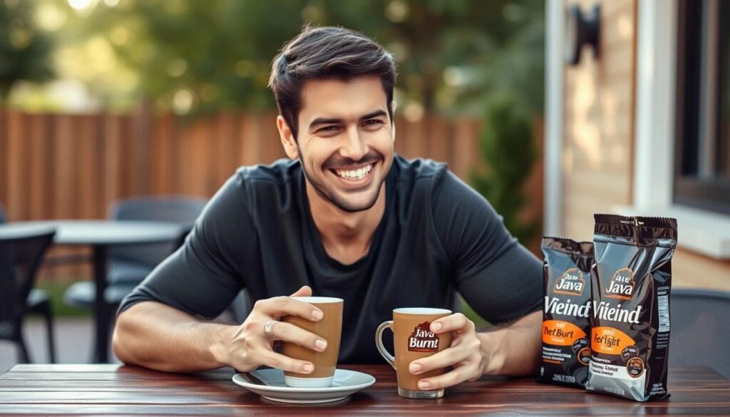 Person enjoying morning coffee with visible weight loss results Person enjoying morning coffee with visible weight loss results