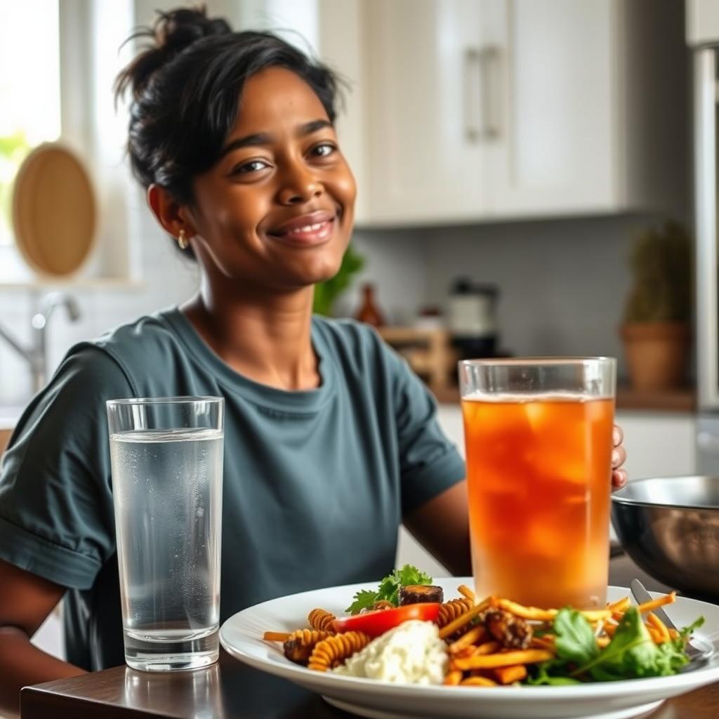 Person feeling satisfied after a small meal with Sumatra Slim Belly Tonic
