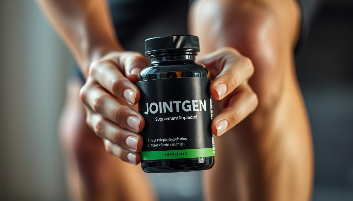 Person holding Jointgen supplement bottle next to their knee