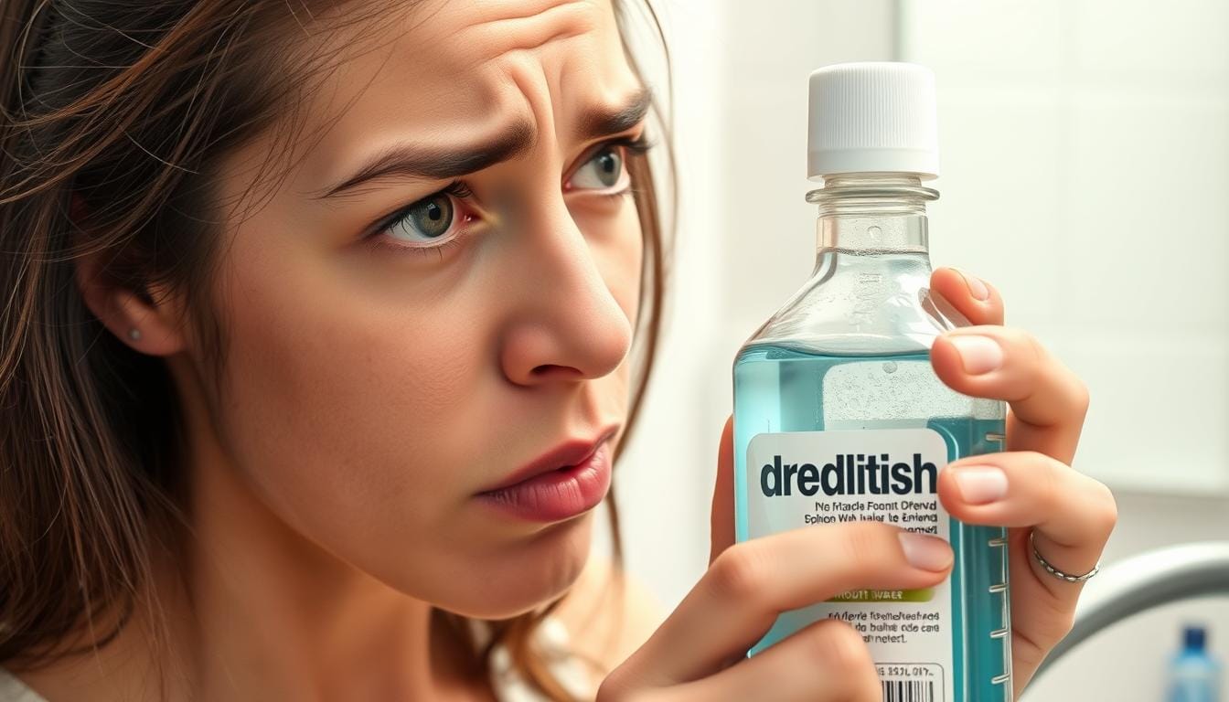 Person looking frustrated with traditional mouthwash bottle
