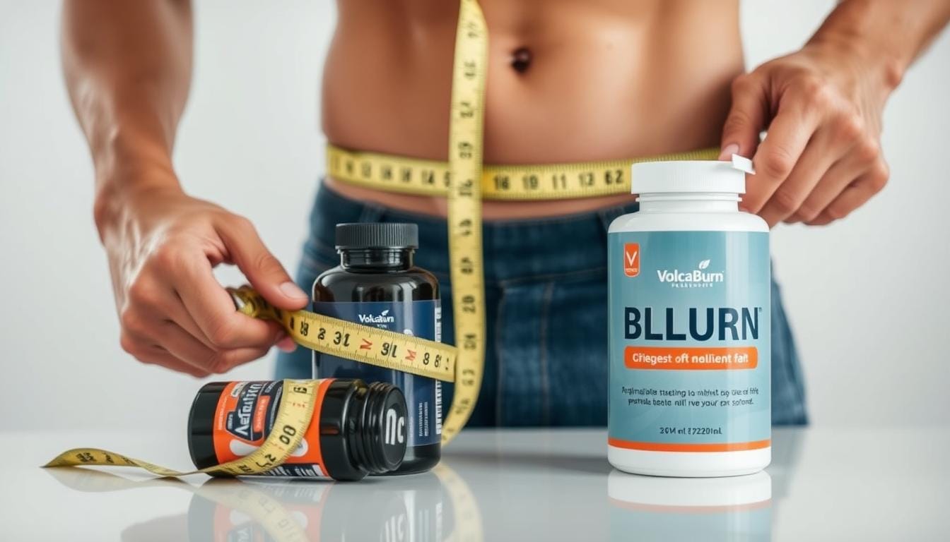 Person measuring their waistline with a measuring tape showing VolcaBurn supplement bottle nearby